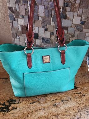 Dooney & Bourke Turquoise Pebble Leather Tote with Brown Handles